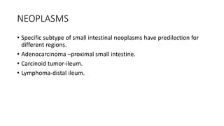 NEOPLASMS
• Specific subtype of small intestinal neoplasms have predilection for
different regions.
• Adenocarcinoma –proximal small intestine.
• Carcinoid tumor-ileum.
• Lymphoma-distal ileum.
 