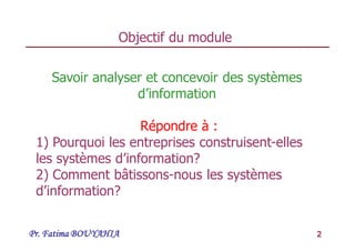 Pr. Fatima BOUYAHIA 2
Objectif du module
Savoir analyser et concevoir des systèmes
d’information
Répondre à :
1) Pourquoi les entreprises construisent-elles
les systèmes d’information?
2) Comment bâtissons-nous les systèmes
d’information?
 