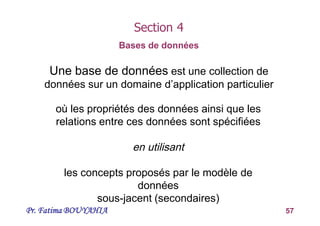 Pr. Fatima BOUYAHIA 57
Section 4
Bases de données
Une base de données est une collection de
données sur un domaine d’application particulier
où les propriétés des données ainsi que les
relations entre ces données sont spécifiées
en utilisant
les concepts proposés par le modèle de
données
sous-jacent (secondaires)
 