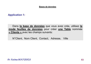 Pr. Fatima BOUYAHIA 63
Dans la base de données que vous avez crée, utilisez le
mode feuilles de données pour créer une Table nommée
« Clients » avec les champs suivants:
N°Client, Nom Client, Contact, Adresse, Ville
Application 1:
Bases de données
 