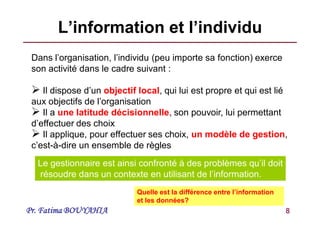 Pr. Fatima BOUYAHIA 8
L’information et l’individu
Dans l’organisation, l’individu (peu importe sa fonction) exerce
son activité dans le cadre suivant :
 Il dispose d’un objectif local, qui lui est propre et qui est lié
aux objectifs de l’organisation
 Il a une latitude décisionnelle, son pouvoir, lui permettant
d’effectuer des choix
 Il applique, pour effectuer ses choix, un modèle de gestion,
c’est-à-dire un ensemble de règles
Le gestionnaire est ainsi confronté à des problèmes qu’il doit
résoudre dans un contexte en utilisant de l’information.
Quelle est la différence entre l’information
et les données?
 