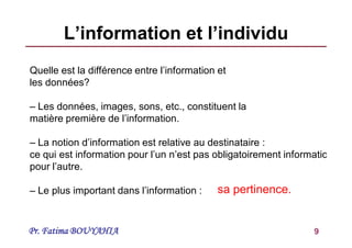Pr. Fatima BOUYAHIA 9
L’information et l’individu
Quelle est la différence entre l’information et
les données?
– Les données, images, sons, etc., constituent la
matière première de l’information.
– La notion d’information est relative au destinataire :
ce qui est information pour l’un n’est pas obligatoirement information
pour l’autre.
– Le plus important dans l’information : sa pertinence.
 