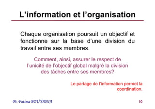 Pr. Fatima BOUYAHIA 10
L’information et l’organisation
Chaque organisation poursuit un objectif et
fonctionne sur la base d’une division du
travail entre ses membres.
Comment, ainsi, assurer le respect de
l’unicité de l’objectif global malgré la division
des tâches entre ses membres?
Le partage de l’information permet la
coordination.
 