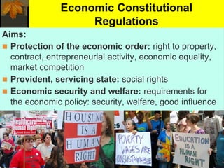 Economic Constitutional
Regulations
Aims:
 Protection of the economic order: right to property,
contract, entrepreneurial activity, economic equality,
market competition
 Provident, servicing state: social rights
 Economic security and welfare: requirements for
the economic policy: security, welfare, good influence
on economic processes
 