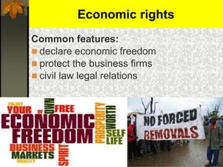 Economic rights
Common features:
 declare economic freedom
 protect the business firms
 civil law legal relations
 