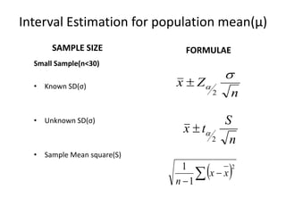 Interval Estimation for population mean(µ)
SAMPLE SIZE
Small Sample(n<30)
• Known SD(σ)
• Unknown SD(σ)
• Sample Mean square(S)
FORMULAE
n
S
tx
2

n
Zx


2

 2
1
1
 

xx
n
 