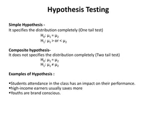 Hypothesis Testing
Simple Hypothesis -
It specifies the distribution completely (One tail test)
H0: μ1 = μ2
H1: μ1 > or < μ2
Composite hypothesis-
It does not specifies the distribution completely (Two tail test)
H0: μ1 = μ2
H1: μ1 ≠ μ2
Examples of Hypothesis :
Students attendance in the class has an impact on their performance.
high-income earners usually saves more
Youths are brand conscious.
 