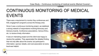 Confidential © SI Insights Mumbai, India
CONTINUOUS MONITORING OF MEDICAL
EVENTS
There was a requirement to monitor Key conferences and
KOL engagement programs across the therapy area.
Since it was a continuous monitoring project, we stabilized
a strong network of respondents involving Advocacy and
Advisory boards, Conference associations, Various KOLs,
etc. to receive timely information.
It was an interesting project and the client was happy to
receive the updates. They appreciated the detailed finding
that not only talks about the events; but participant’s
information, sponsor details, and cost association at every
level was helpful.
Case Study – Continuous monitoring of medical events (Market Covered –
Global)
 