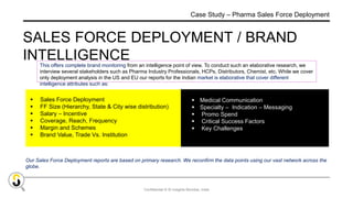 Confidential © SI Insights Mumbai, India
 Medical Communication
 Specialty – Indication – Messaging
 Promo Spend
 Critical Success Factors
 Key Challenges
 Sales Force Deployment
 FF Size (Hierarchy, State & City wise distribution)
 Salary – Incentive
 Coverage, Reach, Frequency
 Margin and Schemes
 Brand Value, Trade Vs. Institution
SALES FORCE DEPLOYMENT / BRAND
INTELLIGENCE
This offers complete brand monitoring from an intelligence point of view. To conduct such an elaborative research, we
interview several stakeholders such as Pharma Industry Professionals, HCPs, Distributors, Chemist, etc. While we cover
only deployment analysis in the US and EU our reports for the Indian market is elaborative that cover different
intelligence attributes such as:
Our Sales Force Deployment reports are based on primary research. We reconfirm the data points using our vast network across the
globe.
Case Study – Pharma Sales Force Deployment
 