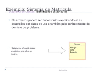 Exemplo: Sistema de Matrícula Os atributos podem ser encontrados examinando-se as descrições dos casos de uso e também pelo conhecimento do domínio do problema. Cada turma oferecida possui  um código, uma sala e um  horário. © LES/PUC-Rio Diagrama de Classes:  identificando os atributos Turma código sala horário 