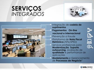 SERVIÇOS
INTEGRADOS
             ● Integração de cadeia de
               suprimentos
             ● Pagamentos On-line
               nacional e internacional
             ● Prevenção a fraude
             ● Plataforma de Nota Fiscal
               Eletrônica (NFe/SPED)
             ● Serviços profissionais para
               Modernização, Suporte,
               outsourcing, avaliação de
               qualidade e performance de
               aplicações
             ● Modelamento e Gerenciamento
               de Processos de Negócio”
 