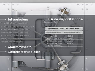 Segurança

    • Infraestrutura                    • SLA de disponibilidade
                                        Descontos SLA
•   6.300 m2 de área construída
•   Capacidade para 30 mil servidores
                                             Tipo de serviço   Crítico   Alto   Médio   Baixo
•   Estrutura flexível- Construído no
conceito de “Green Computing”             Disponibilidade Mensal     Indisponibilidade (H:M:S)

•   74% dos internautas Brasileiros           Até 99,9%                     0:43:48
navegam através de nossa                   Entre 99,9% e 99,0%              7:18:00

infraestrutura tecnológica.                Entre 99,0% e 98,0%             14:36:00
                                           Entre 98,0% e 97,0%             21:54:00
                                            Abaixo de 97,0%
    • Monitoramento
    • Suporte técnico 24x7
 
