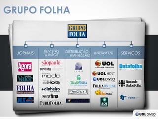 GRUPO FOLHA


            REVISTAS   DISTRIBUIÇÃO
  JORNAIS   /LIVROS
                                      INTERNET/TI   SERVIÇOS
                         /IMPRESSÃO
 