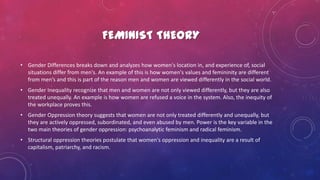 FEMINIST THEORY
• Gender Differences breaks down and analyzes how women's location in, and experience of, social
situations differ from men's. An example of this is how women's values and femininity are different
from men’s and this is part of the reason men and women are viewed differently in the social world.
• Gender Inequality recognize that men and women are not only viewed differently, but they are also
treated unequally. An example is how women are refused a voice in the system. Also, the inequity of
the workplace proves this.
• Gender Oppression theory suggests that women are not only treated differently and unequally, but
they are actively oppressed, subordinated, and even abused by men. Power is the key variable in the
two main theories of gender oppression: psychoanalytic feminism and radical feminism.
• Structural oppression theories postulate that women's oppression and inequality are a result of
capitalism, patriarchy, and racism.
 