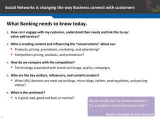 Social Networks is changing the way Business connect with customers What Banking needs to know today. How can I engage with my customer, understand their needs and link this to our  value-add services? Who is creating content and influencing the “conversations” about our: Products, pricing, promotions, marketing, and advertising? Competitors pricing, products, and promotions? How do we compare with the competition? Terminology associated with brand and image, quality, campaigns Who are the key authors, influencers, and content creators? What URL/ domains are most active blogs, micro-blogs, twitter, posting photos, and posting videos? What is the sentiment? Is it good, bad, good and bad, or neutral? Social media isn’t a choice anymore – it’s a business transformation tool.” Natalie Petouhoff, Forester Research 