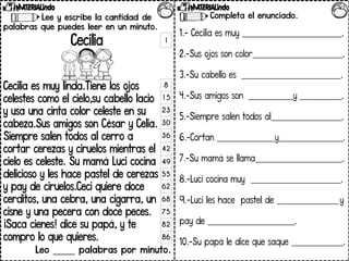 Lee y escribe la cantidad de
palabras que puedes leer en un minuto.
Cecilia
Cecilia es muy linda.Tiene los ojos
celestes como el cielo,su cabello lacio
y usa una cinta color celeste en su
cabeza.Sus amigos son César y Celia.
Siempre salen todos al cerro a
cortar cerezas y ciruelos mientras el
cielo es celeste. Su mamá Luci cocina
delicioso y les hace pastel de cerezas
y pay de ciruelos.Ceci quiere doce
cerditos, una cebra, una cigarra, un
cisne y una pecera con doce peces.
¡Saca cienes! dice su papá, y te
compro lo que quieres.
Leo _____ palabras por minuto.
1
8
15
23
30
36
42
49
55
62
68
75
82
86
Completa el enunciado.
1.- Cecilia es muy _______________________________.
2.-Sus ojos son color____________________________.
3.-Su cabello es _______________________________.
4.-Sus amigos son ______________y _____________.
5.-Siempre salen todos al______________________.
6.-Cortan __________________y____________________.
7.-Su mamá se llama___________________________.
8.-Luci cocina muy ____________________________.
9.-Luci les hace pastel de ___________________ y
pay de ___________________________.
10.-Su papá le dice que saque ________________.
 