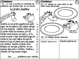 Lee y escribe la cantidad de
palabras que puedes leer en un minuto.
La jirafa Josefina
Josefina es una jirafa juguetona.Le gusta
jugar con los pájaros y las abejas aunque
son más enojonas. Josefina toma jugo en
su jardín todas las mañanas, por las
tardes come jícamas con hojas y en la
noche se pone a tejer bufandas largas.Su
camita es una caja rellena de paja.Su
dueño le trajo un jabalí para que juegue
con Josefina. Juancho el jabalí come
lentejas con naranja y duerme en una
esponja vieja junto a Josefina. Josefina y
Juancho son muy buenos amigos.
Leo _____ palabras por minuto.
Contesta las preguntas.
Dibuja en cada plato lo que
come cada personaje.
Dibuja donde duermen
Josefina duerme en:
3
10
18
25
32
38
45
52
59
66
73
79
85
Juancho duerme en:
 