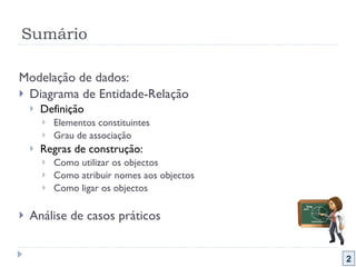 Sumário Modelação de dados: Diagrama de Entidade-Relação Definição Elementos constituintes Grau de associação Regras de construção: Como utilizar os objectos Como atribuir nomes aos objectos Como ligar os objectos Análise de casos práticos 2 