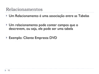 Relacionamentos Um Relacionamento é uma associação entre as Tabelas Um relacionamento pode conter campos que o descrevem, ou seja, ele pode ser uma tabela Exemplo: Cliente Empresta DVD 
