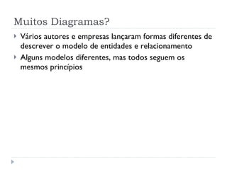 Muitos Diagramas? Vários autores e empresas lançaram formas diferentes de descrever o modelo de entidades e relacionamento Alguns modelos diferentes, mas todos seguem os mesmos princípios 