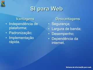SI para Web Vantagens Independência de plataforma; Padronização; Implementação rápida. Desvantagens Segurança; Largura de banda; Desempenho; Dependência da internet. 