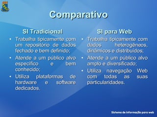 Comparativo SI Tradicional Trabalha tipicamente com um repositório de dados fechado e bem definido; Atende a um público alvo específico e bem conhecido; Utiliza plataformas de hardware e software dedicados. SI para Web Trabalha tipicamente com dados heterogêneos, dinâmicos e distribuídos; Atende a um público alvo amplo e diversificado; Utiliza navegação Web com todas as suas particularidades. 