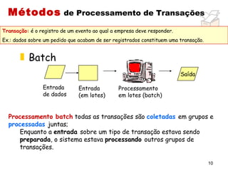 Métodos                de Processamento de Transações

Transação: é o registro de um evento ao qual a empresa deve responder.
Ex.: dados sobre um pedido que acabam de ser registrados constituem uma transação.


       „ Batch
                                                                         Saída

                Entrada        Entrada         Processamento
                de dados       (em lotes)      em lotes (batch)


  Processamento batch todas as transações são coletadas em grupos e
  processadas juntas;
      Enquanto a entrada sobre um tipo de transação estava sendo
      preparada, o sistema estava processando outros grupos de
      transações.

                                                                                     10
 