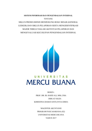 SISTEM INFORMASI DAN PENGENDALIAN INTERNAL
TENTANG
SIKLUS PROSES BISNIS MENDUKUNG BUKU BESAR (GENERAL
LEDGER) DAN SIKLUS PELAPORAN SERTA MENGIDENTIFIKASI
MAJOR THREAT DALAM AKTIVITAS PELAPORAN DAN
MENGEVALUASI KECUKUPAN PENGENDALIAN INTERNAL
DOSEN :
PROF. DR. IR. HAPZI ALI, MM, CMA
DIBUAT OLEH :
KHRISTINA DAMAYANTI (55516120065)
MAGISTER AKUNTANSI
PROGRAM PASCASARJANA (S2)
UNIVERSITAS MERCUBUANA
TAHUN 2017
 