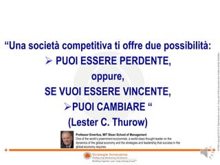“Una società competitiva ti offre due possibilità:




                                                                                                        SI-PMA Copyright 2010/13. Reproduction or use of of any part of this document and model is strictly forbidden.
         PUOI ESSERE PERDENTE,
                   oppure,
        SE VUOI ESSERE VINCENTE,
             PUOI CAMBIARE “
              (Lester C. Thurow)
                 Professor Emeritus, MIT Sloan School of Management
                 One of the world’s preeminent economists, a world-class thought leader on the
                 dynamics of the global economy and the strategies and leadership that success in the
                 global economy requires.
 