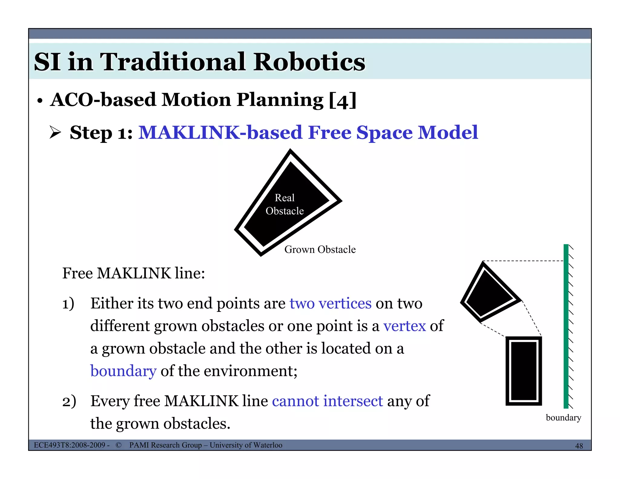 SI in Traditional Robotics
 Step 1: MAKLINK-based Free Space Model
• ACO-based Motion Planning [4]
Real
Ob t l
F MAKLINK li
Obstacle
Grown Obstacle
Free MAKLINK line:
1) Either its two end points are two vertices on two
different grown obstacles or one point is a vertex ofdifferent grown obstacles or one point is a vertex of
a grown obstacle and the other is located on a
boundary of the environment;
MUSES_SECRET: ORF-RE Project - © PAMI Research Group – University of Waterloo 48/2248ECE493T8:2008-2009 - © PAMI Research Group – University of Waterloo
2) Every free MAKLINK line cannot intersect any of
the grown obstacles.
boundary
 