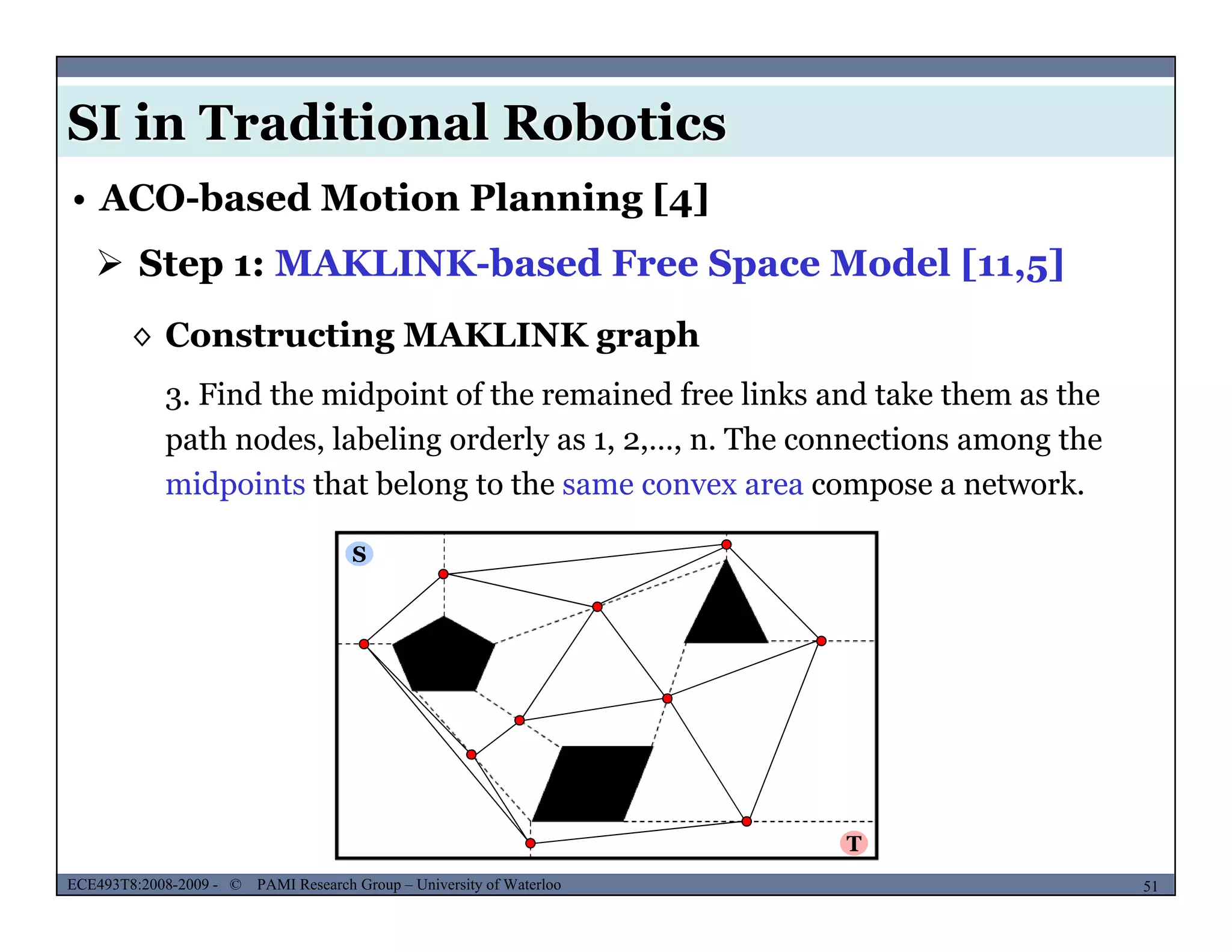 SI in Traditional Robotics
 Step 1: MAKLINK-based Free Space Model [11,5]
• ACO-based Motion Planning [4]
3. Find the midpoint of the remained free links and take them as the
◊ Constructing MAKLINK graph
path nodes, labeling orderly as 1, 2,…, n. The connections among the
midpoints that belong to the same convex area compose a network.
S
MUSES_SECRET: ORF-RE Project - © PAMI Research Group – University of Waterloo 51/2251ECE493T8:2008-2009 - © PAMI Research Group – University of Waterloo
T
 