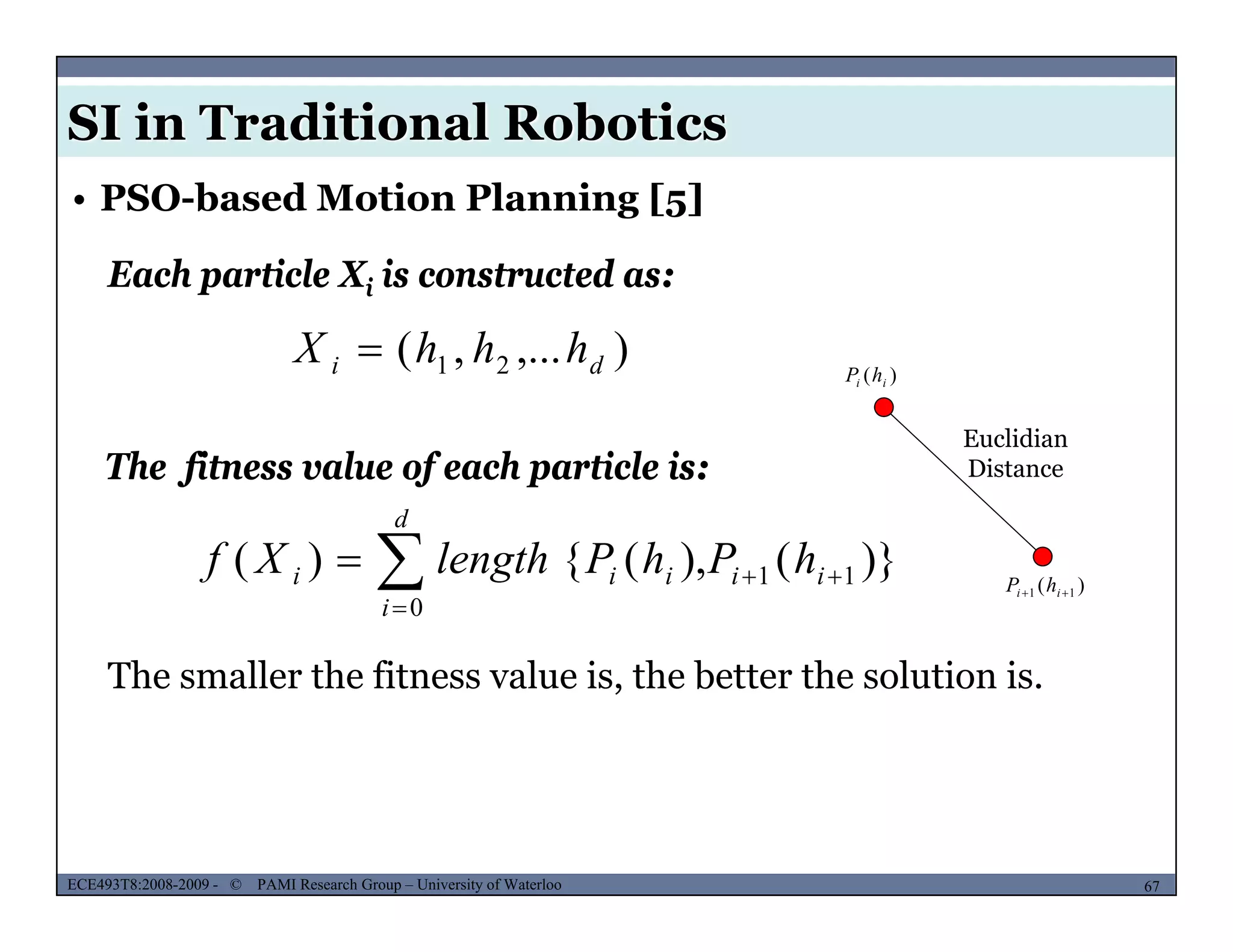 SI in Traditional Robotics
Each particle Xi is constructed as:
• PSO-based Motion Planning [5]
i
),...,( 21 di hhhX  )( ii hP
The fitness value of each particle is:

d
Euclidian
Distance
)}(),({)( 11
0


 ii
i
iii hPhPlengthXf )( 11  ii hP
The smaller the fitness value is, the better the solution is.
MUSES_SECRET: ORF-RE Project - © PAMI Research Group – University of Waterloo 67/2267ECE493T8:2008-2009 - © PAMI Research Group – University of Waterloo
 