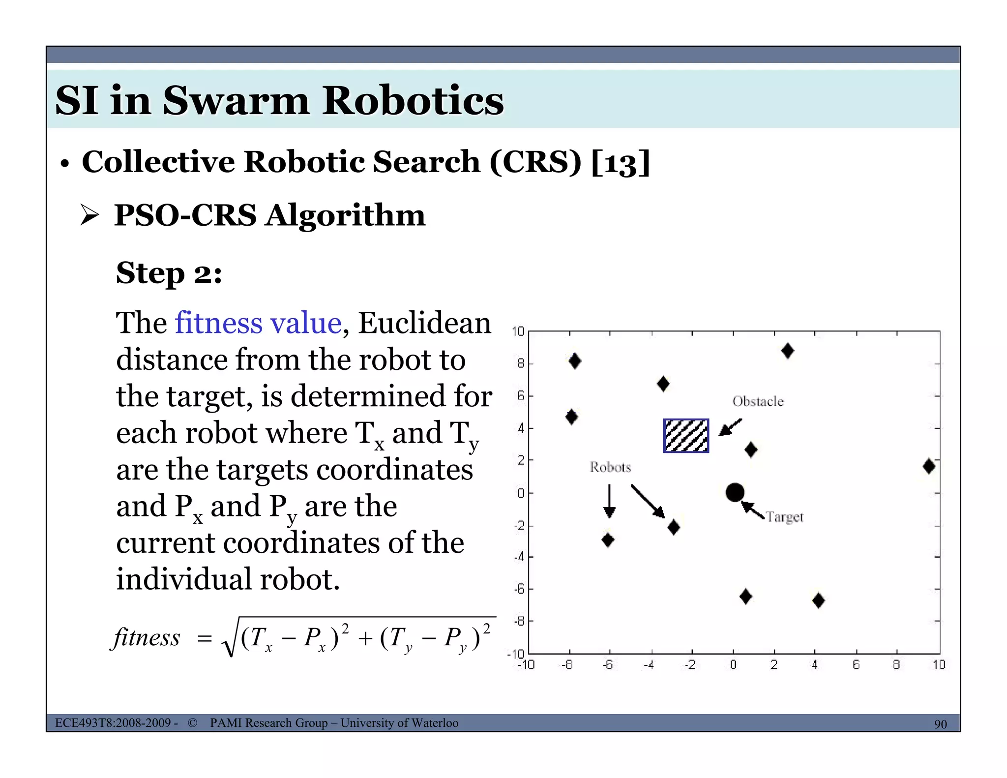 SI in Swarm Robotics
• Collective Robotic Search (CRS) [13]
 PSO-CRS Algorithm
Step 2:
The fitness value, Euclidean
distance from the robot to
the target, is determined for
each robot where T and Teach robot where Tx and Ty
are the targets coordinates
and Px and Py are the
t di t f thcurrent coordinates of the
individual robot.
22
)()( PTPTfitness 
MUSES_SECRET: ORF-RE Project - © PAMI Research Group – University of Waterloo 90/2290ECE493T8:2008-2009 - © PAMI Research Group – University of Waterloo
)()( yyxx PTPTfitness 
 