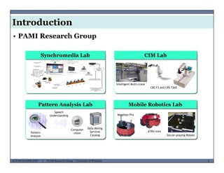 Introduction
S h di L b
• PAMI Research Group
CIM L bSynchromedia Lab CIM Lab
Intelligent Multi-crane
CRS F3 and CRS T265
Mobile Robotics Lab
Magellan Pro
Pattern Analysis Lab
Speech
Understanding
ATRV-mini
Soccer-playing Robots
Data Mining
Services
Catalog
Computer
visionPattern
Analysis
MUSES_SECRET: ORF-RE Project - © PAMI Research Group – University of Waterloo 4/224ECE493T8:2008-2009 - © PAMI Research Group – University of Waterloo
 
