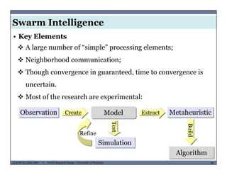 Swarm Intelligence
• Key Elements
 A large number of “simple” processing elements;
 Neighborhood communication;
 Though convergence in guaranteed, time to convergence is
uncertain.
 Most of the research are experimental: Most of the research are experimental:
ModelObservation Create MetaheuristicExtract
Build
Simulation
Test
Refine
MUSES_SECRET: ORF-RE Project - © PAMI Research Group – University of Waterloo 40/2240ECE493T8:2008-2009 - © PAMI Research Group – University of Waterloo
Algorithm
Simulation
 