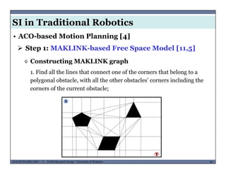 SI in Traditional Robotics
 Step 1: MAKLINK-based Free Space Model [11,5]
• ACO-based Motion Planning [4]
1. Find all the lines that connect one of the corners that belong to a
◊ Constructing MAKLINK graph
polygonal obstacle, with all the other obstacles’ corners including the
corners of the current obstacle;
S
MUSES_SECRET: ORF-RE Project - © PAMI Research Group – University of Waterloo 49/2249ECE493T8:2008-2009 - © PAMI Research Group – University of Waterloo
T
 