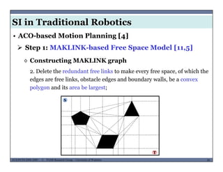 SI in Traditional Robotics
 Step 1: MAKLINK-based Free Space Model [11,5]
• ACO-based Motion Planning [4]
2. Delete the redundant free links to make every free space, of which the
◊ Constructing MAKLINK graph
edges are free links, obstacle edges and boundary walls, be a convex
polygon and its area be largest;
S
MUSES_SECRET: ORF-RE Project - © PAMI Research Group – University of Waterloo 50/2250ECE493T8:2008-2009 - © PAMI Research Group – University of Waterloo
T
 