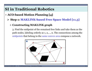 SI in Traditional Robotics
 Step 1: MAKLINK-based Free Space Model [11,5]
• ACO-based Motion Planning [4]
3. Find the midpoint of the remained free links and take them as the
◊ Constructing MAKLINK graph
path nodes, labeling orderly as 1, 2,…, n. The connections among the
midpoints that belong to the same convex area compose a network.
S
MUSES_SECRET: ORF-RE Project - © PAMI Research Group – University of Waterloo 51/2251ECE493T8:2008-2009 - © PAMI Research Group – University of Waterloo
T
 