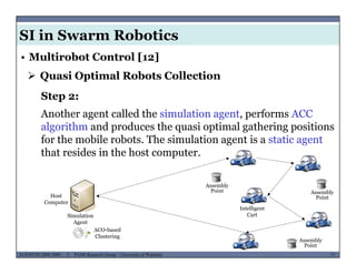 SI in Swarm Robotics
• Multirobot Control [12]
 Quasi Optimal Robots Collection
Step 2:
Another agent called the simulation agent, performs ACC
algorithm and produces the quasi optimal gathering positions
for the mobile robots. The simulation agent is a static agent
that resides in the host computerthat resides in the host computer.
Assembly
i
Host
Computer
Point Assembly
Point
Intelligent
CartSimulation
Agent
MUSES_SECRET: ORF-RE Project - © PAMI Research Group – University of Waterloo 77/2277ECE493T8:2008-2009 - © PAMI Research Group – University of Waterloo
Assembly
Point
Agent
ACO-based
Clustering
 