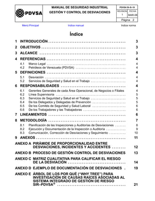 REVISION FECHA
MANUAL DE SEGURIDAD INDUSTRIAL
GESTIÓN Y CONTROL DE DESVIACIONES
MAR.081
PDVSA SI–S–19
Página 2
Menú Principal Indice manual Indice norma
PDVSA
Índice
1 INTRODUCCIÓN 3. . . . . . . . . . . . . . . . . . . . . . . . . . . . . . . . . . . . . . . . . . . .
2 OBJETIVOS 3. . . . . . . . . . . . . . . . . . . . . . . . . . . . . . . . . . . . . . . . . . . . . . . .
3 ALCANCE 3. . . . . . . . . . . . . . . . . . . . . . . . . . . . . . . . . . . . . . . . . . . . . . . . .
4 REFERENCIAS 4. . . . . . . . . . . . . . . . . . . . . . . . . . . . . . . . . . . . . . . . . . . . .
4.1 Marco Legal 4. . . . . . . . . . . . . . . . . . . . . . . . . . . . . . . . . . . . . . . . . . . . . . . . . . . .
4.2 Petróleos de Venezuela (PDVSA) 4. . . . . . . . . . . . . . . . . . . . . . . . . . . . . . . . .
5 DEFINICIONES 4. . . . . . . . . . . . . . . . . . . . . . . . . . . . . . . . . . . . . . . . . . . . .
5.1 Desviación 4. . . . . . . . . . . . . . . . . . . . . . . . . . . . . . . . . . . . . . . . . . . . . . . . . . . . .
5.2 Servicios de Seguridad y Salud en el Trabajo 4. . . . . . . . . . . . . . . . . . . . . . .
6 RESPONSABILIDADES 4. . . . . . . . . . . . . . . . . . . . . . . . . . . . . . . . . . . . .
6.1 Gerentes Generales de cada Área Operacional, de Negocios o Filiales 4
6.2 Línea Supervisoria 5. . . . . . . . . . . . . . . . . . . . . . . . . . . . . . . . . . . . . . . . . . . . . .
6.3 Servicios de Seguridad y Salud en el Trabajo 5. . . . . . . . . . . . . . . . . . . . . . .
6.4 De los Delegados y Delegadas de Prevención 5. . . . . . . . . . . . . . . . . . . . . .
6.5 De los Comités de Seguridad y Salud Laboral 6. . . . . . . . . . . . . . . . . . . . . .
6.6 De los Trabajadores y las Trabajadoras 6. . . . . . . . . . . . . . . . . . . . . . . . . . . .
7 LINEAMIENTOS 6. . . . . . . . . . . . . . . . . . . . . . . . . . . . . . . . . . . . . . . . . . . .
8 METODOLOGÍA 7. . . . . . . . . . . . . . . . . . . . . . . . . . . . . . . . . . . . . . . . . . . .
8.1 Planificación de las Inspecciones y Auditorías de Desviaciones 8. . . . . . .
8.2 Ejecución y Documentación de la Inspección o Auditoría 9. . . . . . . . . . . . .
8.3 Comunicación, Corrección de Desviaciones y Seguimiento 10. . . . . . . . . . .
9 ANEXOS 11. . . . . . . . . . . . . . . . . . . . . . . . . . . . . . . . . . . . . . . . . . . . . . . . . . .
ANEXO A PIRÁMIDE DE PROPORCIONALIDAD ENTRE
DESVIACIONES, INCIDENTES Y ACCIDENTES 12. . . . . . . .
ANEXO B PROCESO DE GESTIÓN CONTROL DE DESVIACIONES 13
ANEXO C MATRIZ CUALITATIVA PARA CALIFICAR EL RIESGO
DE LA DESVIACIÓN 14. . . . . . . . . . . . . . . . . . . . . . . . . . . . . . . . .
ANEXO D EJEMPLO DE DOCUMENTACIÓN DE DESVIACIONES 19.
ANEXO E ÁRBOL DE LOS POR QUÉ (“WHY TREE”) PARA
INVESTIGACIÓN DE CAUSAS RAÍCES ASOCIADAS AL
SISTEMA INTEGRADO DE GESTIÓN DE RIESGO
SIR–PDVSA[ 21. . . . . . . . . . . . . . . . . . . . . . . . . . . . . . . . . . . . . . .
 