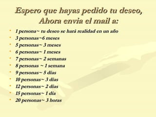 Espero que hayas pedido tu deseo, Ahora envia el mail a: 1 persona~ tu deseo se hará realidad en un año 3 personas~6 meses 5 personas~ 3 meses 6 personas~ 1 meses 7 personas~ 2 semanas 8 personas ~ 1 semana 9 personas~ 5 días 10 personas~ 3 días 12 personas~ 2 días 15 personas~ 1 día  20 personas~ 3 horas 