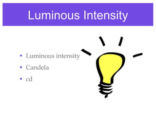 Luminous Intensity Luminous intensity Candela cd