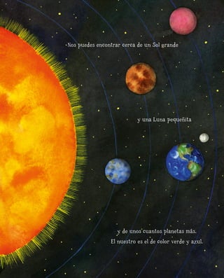 y de unos cuantos planetas más.
El nuestro es el de color verde y azul.
y una Luna pequeñita
Nos puedes encontrar cerca de un Sol grande
 