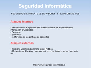 Seguridad Informática
http://www.seguridad-informatica.cl
Ataques Internos
- Premeditación (Empleados mal intencionados o ex empleados con
información privilegiada)
- Descuido
- Ignorancia
- Indiferencia de las politicas de seguridad
Ataques externos
-
- Hackers, Crackers, Lammers, Script-Kiddies
-
- Motivaciones: Ranking, reto personal, robo de datos, pruebas (pen test),
etc.
SEGURIDAD EN AMBIENTE DE SERVIDORES Y PLATAFORMAS WEB
 