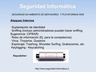 Seguridad Informática
http://www.seguridad-informatica.cl
Ataques Internos
•
Suplantación de identidad
•
Sniffing (Incluso administradores pueden hacer sniffing.
Sugerencia: CIFRAR)
•
Robo de información (Ej: para la competencia)
•
Virus, Troyanos, Gusanos
•
Espionaje: Trashing, Shoulder Surfing, Grabaciones, etc
Keylogging - Keycatching
Keycatcher:
SEGURIDAD EN AMBIENTE DE SERVIDORES Y PLATAFORMAS WEB
 
