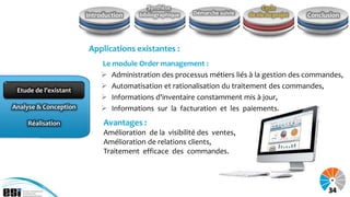 Synthèse                              Cycle
                       Introduction    bibliographique   Démarche suivie   de vie du projet   Conclusion



                       Applications existantes :
                           Le module Order management :
                            Administration des processus métiers liés à la gestion des commandes,
                            Automatisation et rationalisation du traitement des commandes,
 Etude de l’existant
                            Informations d'inventaire constamment mis à jour,
Analyse & Conception        Informations sur la facturation et les paiements.
    Réalisation             Avantages :
                            Amélioration de la visibilité des ventes,
                            Amélioration de relations clients,
                            Traitement efficace des commandes.




                                                                                                    34
 