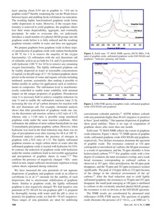 layer spacing (from 0.34 nm in graphite to >0.6 nm in
graphite oxide)20
thereby weakening the van der Waals forces
between layers and enabling facile exfoliation via sonication.
The resulting highly functionalized graphene oxide forms
stable dispersions in water. However, if the oxygen func-
tionality is removed to yield graphene, the graphene sheets
lose their water dispersability, aggregate, and eventually
precipitate. In order to overcome this, we judiciously
introduce a small number of p-phenyl-SO3H groups into the
graphene oxide before it is fully reduced and the resulting
graphene remains soluble in water and does not aggregate.
We prepare graphene from graphene oxide in three steps:
(1) prereduction of graphene oxide with sodium borohydride
at 80 °C for 1 h to remove the majority of the oxygen
functionality; (2) sulfonation with the aryl diazonium salt
of sulfanilic acid in an ice bath for 2 h; and (3) postreduction
with hydrazine (100 °C for 24 h) to remove any remaining
oxygen functionality. The lightly sulfonated graphene can
be readily dispersed in water at reasonable concentrations
(2 mg/mL) in the pH range of 3-10. Isolated graphene sheets
persist in the mixture of water and organic solvents including
methanol, acetone, acetonitrile, thus making it possible to
further modify its surface for applications such as reinforce-
ments in composites. The sulfonation level is stoichiomet-
rically controlled to enable water solubility with minimal
impact on the unique properties of graphene. Prereduction
(step 1) is necessary both to achieve complete reduction (in
step 3) and to enable the sulfonation reaction (step 2) by
increasing the size of sp2
-carbon domains for reaction with
the aryl diazonium salt. For example, elemental analysis
shows that after prereduction of graphene oxide one can,
via the diazonium salt reaction, achieve a S:C ratio of 1:35,
whereas only a 1:148 ratio is possible using unreduced
graphene oxide under the same reaction conditions. After
sulfonation, the addition of more sodium borohydride (in step
3) immediately precipitates graphitic carbon. However, when
hydrazine was used in the final reduction step, there was no
sign of precipitation even after reacting for 48 h at 100 °C.
Elemental analysis confirms the presence of nitrogen in
graphene with a N:C ratio of 1:31. The lightly sulfonated
graphene remains as single carbon sheets in water after the
sulfonated graphene oxide is reacted with hydrazine for 24 h.
In contrast, the reduction of graphene oxide with hydrazine
under the similar conditions leads to irreversible aggregation
and precipitation of graphitic sheets in water.13,18
This
confirms the presence of negatively charged sSO3
-
units
which in turn, impart sufficient electrostatic repulsion to keep
carbon sheets separated during reduction.
We have measured the zeta potentials of our aqueous
dispersions of graphene and graphene oxide in an effort to
corroborate Li et al.’s18
rationale for the stability of such
dispersions, that is, electrostatic stabilization of graphene
sheets. Similar to graphene oxide, the lightly sulfonated
graphene is also negatively charged. We find negative zeta
potentials of 55-60 mV for our graphene (pH ) 6, prepared
by thoroughly rinsing with water until the pH is close to
neutral); for graphene oxide, we find 60-70 mV (negative).
These ranges of zeta potentials are ideal for stabilizing
conventional colloidal particles;21
ASTM defines colloids
with zeta potentials higher than 40 mV (negative or positive)
to have “good stability.” Our aqueous dispersion of graphene
show good stability: There is no sign of coagulation of
graphene sheets after more than one month.
Solid state 13
C MAS NMR reflects the extent of graphene
oxide reduction. Figure 1 shows 13
C NMR spectra of graphite
oxide, sulfonated graphene oxide (GO-SO3H) and graphene,
respectively. Two distinct resonances dominate the spectrum
of graphite oxide: The resonance centered at 134 ppm
corresponds to unoxidized sp2
carbons; the 60 ppm resonance
is a result of epoxidation, and the 70 ppm shoulder is from
hydroxylated carbons.20,22,23
For graphite oxide with a low
degree of oxidation, the latter resonances overlap, and a weak
broad resonance corresponding to carbonyl carbons is
observed at 167 ppm. After prereduction, the 60 ppm peak
disappears, and the 70 ppm and 167 ppm resonances weaken
significantly. The peak at 134 ppm shifts to 123 ppm because
of the change in the chemical environment of the sp2
carbons.23
After the final reduction step to yield lightly
sulfonated graphene, the resonances at 70 ppm and 167 ppm
disappear; the small peak emerging at 140 ppm is attributed
to carbons in the covalently attached phenyl-SO3H groups;
the resonance is not so obvious in the GO-SO3H spectrum.
The NMR results are corroborated by attenuated total
reflectance (ATR) FTIR spectra. The spectrum of graphite
oxide illustrates the presence of CsO (νC-O at 1060 cm-1
),
Figure 1. Solid state 13C MAS NMR spectra (90.56 MHz; 9.4k
rpm) of graphite oxide, sulfonated graphene oxide (GO-SO3H) and
graphene; *indicates spinning side bands.
Figure 2. ATR-FTIR spectra of graphite oxide, sulfonated graphene
oxide (GO-SO3H) and graphene.
1680 Nano Lett., Vol. 8, No. 6, 2008
 
