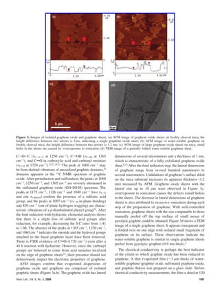 CsOsC (νC-O-C at 1250 cm-1
), CsOH (νC-OH at 1365
cm-1
), and CdO in carboxylic acid and carbonyl moieties
(νCdO at 1720 cm-1
).20,22,24,25
The peak at 1600 cm-1
may
be from skeletal vibrations of unoxidized graphitic domains,25
domains apparent in the 13
C NMR spectrum of graphite
oxide. After prereduction and sulfonation, the peaks at 1060
cm-1
, 1250 cm-1
, and 1365 cm-1
are severely attenuated in
the sulfonated graphene oxide (GO-SO3H) spectrum. The
peaks at 1175 cm-1
, 1126 cm-1,
and 1040 cm-1
(two νS-O
and one νs-phenyl) confirm the presence of a sulfonic acid
group, and the peaks at 1007 cm-1
(νC-H in-plane bending)
and 830 cm-1
(out-of-plane hydrogen wagging) are charac-
teristic vibrations of a p-disubstituted phenyl group24
. After
the final reduction with hydrazine, elemental analysis shows
that there is a slight loss of sulfonic acid groups after
reduction, for example, decreasing the S:C ratio from 1:41
to 1:46. The absence of the peaks at 1365 cm-1
, 1250 cm-1
,
and 1060 cm-1
indicates the epoxide and the hydroxyl groups
attached to the basal graphene layer have been removed.
There is FTIR evidence of CdO (1720 cm-1
) even after a
48 h reaction with hydrazine. However, since the carbonyl
groups are believed to come from acid moieties localized
on the edge of graphene sheets23
, their presence should not
deleteriously impact the electronic properties of graphene.
AFM images confirm that evaporated dispersions of
graphene oxide and graphene are comprised of isolated
graphitic sheets (Figure 3a,b). The graphene oxide has lateral
dimensions of several micrometers and a thickness of 1 nm,
which is characteristic of a fully exfoliated graphene oxide
sheet.6,13
After the final reduction step, the lateral dimensions
of graphene range from several hundred nanometers to
several micrometers. Undulations of graphene’s surface dried
on the mica substrate increases its apparent thickness (1.2
nm) measured by AFM. Graphene oxide sheets with the
lateral size up to 10 µm were observed in Figure 3c;
overexposure to sonication causes the defects (small holes)
in the sheets. The decrease in lateral dimensions of graphene
sheets is also attributed to excessive sonication during each
step of the preparation of graphene. With well-controlled
sonication, graphene sheets with the size comparable to those
manually peeled off the top surface of small mesas of
pyrolytic graphite could be obtained. Figure 3d shows a TEM
image of a single graphene sheet. It appears transparent and
is folded over on one edge with isolated small fragments of
graphene on its surface. These observations indicate the
water-soluble graphene is similar to single graphene sheets
peeled from pyrolytic graphite (0.9 nm thick).5
The electrical conductivity is perhaps the best indicator
of the extent to which graphite oxide has been reduced to
graphene. A thin evaporated film (∼3 µm thick) of water-
soluble graphene (graphite oxide, sulfonated graphene oxide,
and graphite flakes) was prepared on a glass slide. Before
electrical conductivity measurements, the film is dried at 120
Figure 3. Images of isolated graphene oxide and graphene sheets. (a) AFM image of graphene oxide sheets on freshly cleaved mica, the
height difference between two arrows is 1nm, indicating a single graphene oxide sheet; (b) AFM image of water-soluble graphene on
freshly cleaved mica; the height difference between two arrows is 1.2 nm; (c) AFM image of large graphene oxide sheets on mica, small
holes in the sheets are caused by overexposure to sonicaion; (d) TEM image of a partially folded water-soluble graphene sheet.
Nano Lett., Vol. 8, No. 6, 2008 1681
 