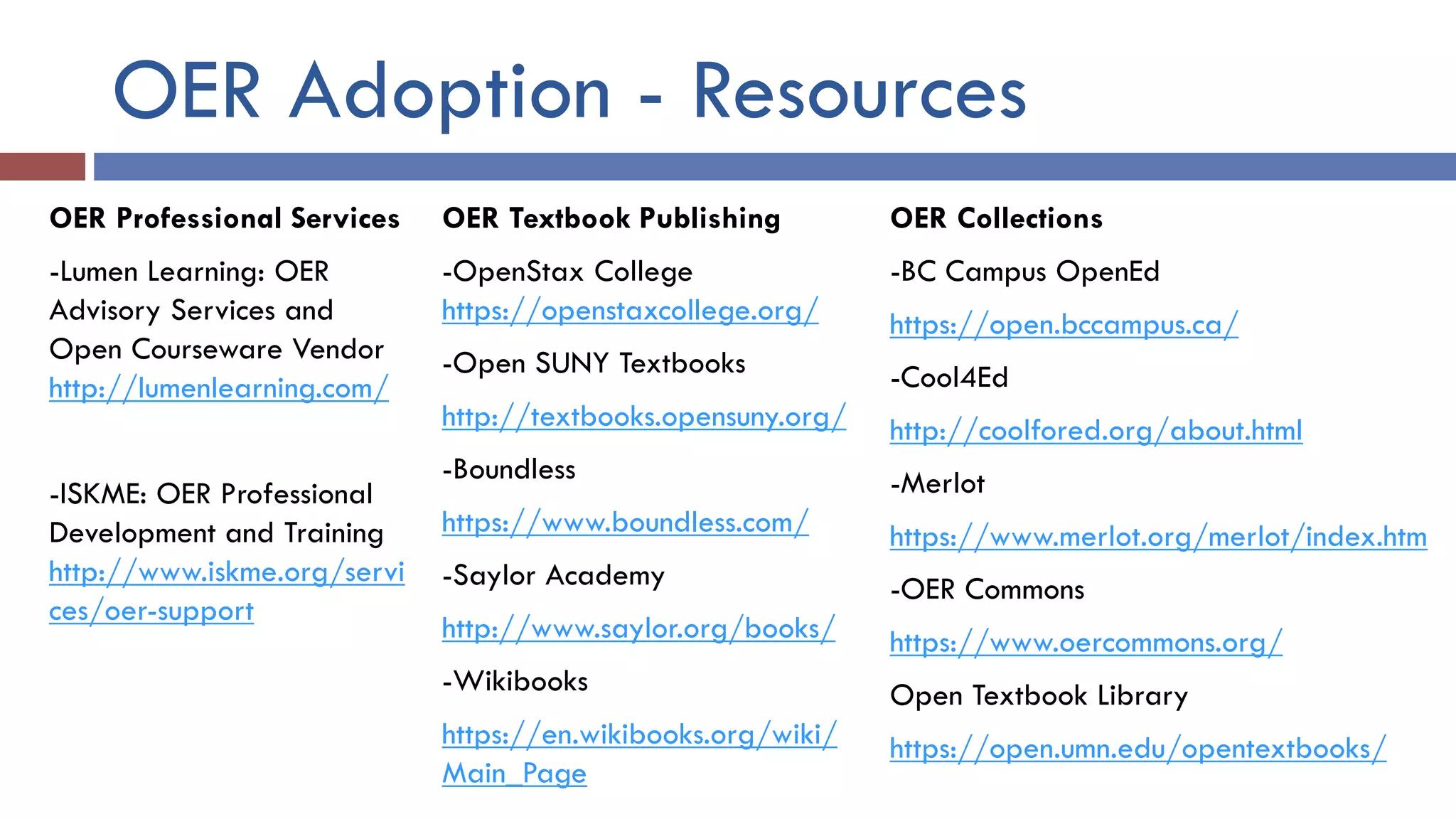 OER Adoption - Resources
OER Professional Services
-Lumen Learning: OER
Advisory Services and
Open Courseware Vendor
http://lumenlearning.com/
-ISKME: OER Professional
Development and Training
http://www.iskme.org/servi
ces/oer-support
OER Textbook Publishing
-OpenStax College
https://openstaxcollege.org/
-Open SUNY Textbooks
http://textbooks.opensuny.org/
-Boundless
https://www.boundless.com/
-Saylor Academy
http://www.saylor.org/books/
-Wikibooks
https://en.wikibooks.org/wiki/
Main_Page
OER Collections
-BC Campus OpenEd
https://open.bccampus.ca/
-Cool4Ed
http://coolfored.org/about.html
-Merlot
https://www.merlot.org/merlot/index.htm
-OER Commons
https://www.oercommons.org/
Open Textbook Library
https://open.umn.edu/opentextbooks/
 