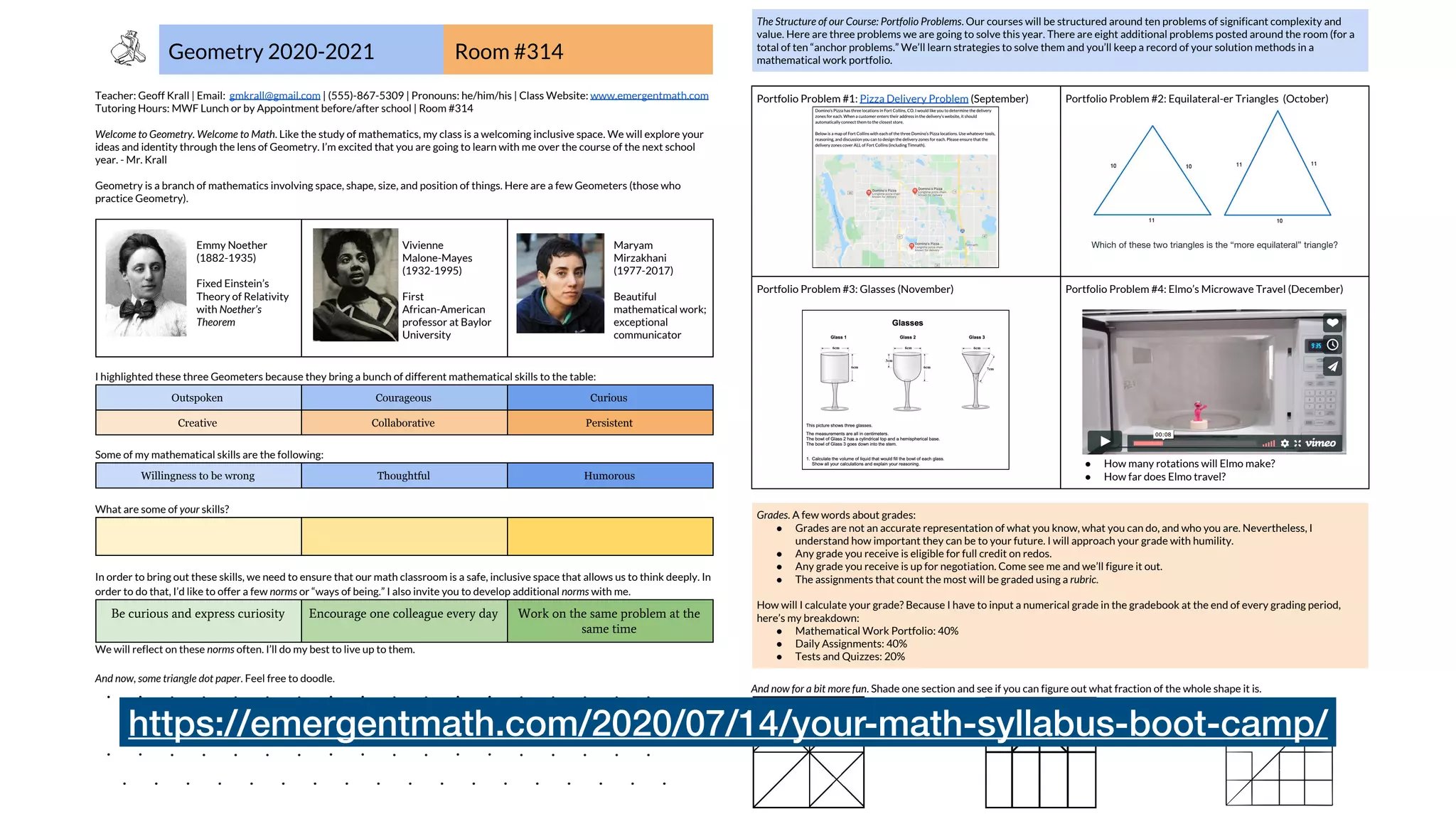 Geometry 2020-2021 Room #314
 
Teacher: Geoff Krall | Email: ​gmkrall@gmail.com​ | (555)-867-5309 | Pronouns: he/him/his | Class Website: ​www.emergentmath.com   
Tutoring Hours: MWF Lunch or by Appointment before/after school | Room #314 
 
Welcome to Geometry. Welcome to Math​. Like the study of mathematics, my class is a welcoming inclusive space. We will explore your 
ideas and identity through the lens of Geometry. I’m excited that you are going to learn with me over the course of the next school 
year. - Mr. Krall 
 
Geometry is a branch of mathematics involving space, shape, size, and position of things. Here are a few Geometers (those who 
practice Geometry). 
 
 
Emmy Noether 
(1882-1935) 
 
Fixed Einstein’s 
Theory of Relativity 
with ​Noether’s 
Theorem 
 
Vivienne 
Malone-Mayes 
(1932-1995) 
 
First 
African-American 
professor at Baylor 
University 
 
Maryam 
Mirzakhani 
(1977-2017) 
 
Beautiful 
mathematical work; 
exceptional 
communicator 
 
I highlighted these three Geometers because they bring a bunch of different mathematical skills to the table: 
Outspoken Courageous Curious
Creative Collaborative Persistent
 
Some of my mathematical skills are the following: 
Willingness to be wrong Thoughtful Humorous
 
What are some of ​your​ skills? 
   
 
 
 
In order to bring out these skills, we need to ensure that our math classroom is a safe, inclusive space that allows us to think deeply. In 
order to do that, I’d like to offer a few ​norms​ or “ways of being.” I also invite you to develop additional ​norms​ with me.  
Be curious and express curiosity Encourage one colleague every day Work on the same problem at the
same time
We will reflect on these ​norms​ often. I’ll do my best to live up to them.  
 
And now, some triangle dot paper​. Feel free to doodle. 
 
The Structure of our Course: Portfolio Problems​. Our courses will be structured around ten problems of significant complexity and 
value. Here are three problems we are going to solve this year. There are eight additional problems posted around the room (for a 
total of ten “anchor problems.” We’ll learn strategies to solve them and you’ll keep a record of your solution methods in a 
mathematical work portfolio. 
 
Portfolio Problem #1: ​Pizza Delivery Problem​ (September) 
 
Portfolio Problem #2: Equilateral-er Triangles (October) 
 
Portfolio Problem #3: Glasses (November) 
 
 
Portfolio Problem #4: Elmo’s Microwave Travel (December) 
 
 
● How many rotations will Elmo make? 
● How far does Elmo travel? 
 
Grades​. A few words about grades: 
● Grades are not an accurate representation of what you know, what you can do, and who you are. Nevertheless, I 
understand how important they can be to your future. I will approach your grade with humility.  
● Any grade you receive is eligible for full credit on redos. 
● Any grade you receive is up for negotiation. Come see me and we’ll figure it out. 
● The assignments that count the most will be graded using a ​rubric​.  
 
How will I calculate your grade? Because I have to input a numerical grade in the gradebook at the end of every grading period, 
here’s my breakdown: 
● Mathematical Work Portfolio: 40% 
● Daily Assignments: 40% 
● Tests and Quizzes: 20% 
 
And now for a bit more fun​. Shade one section and see if you can figure out what fraction of the whole shape it is. 
 
https://emergentmath.com/2020/07/14/your-math-syllabus-boot-camp/
 